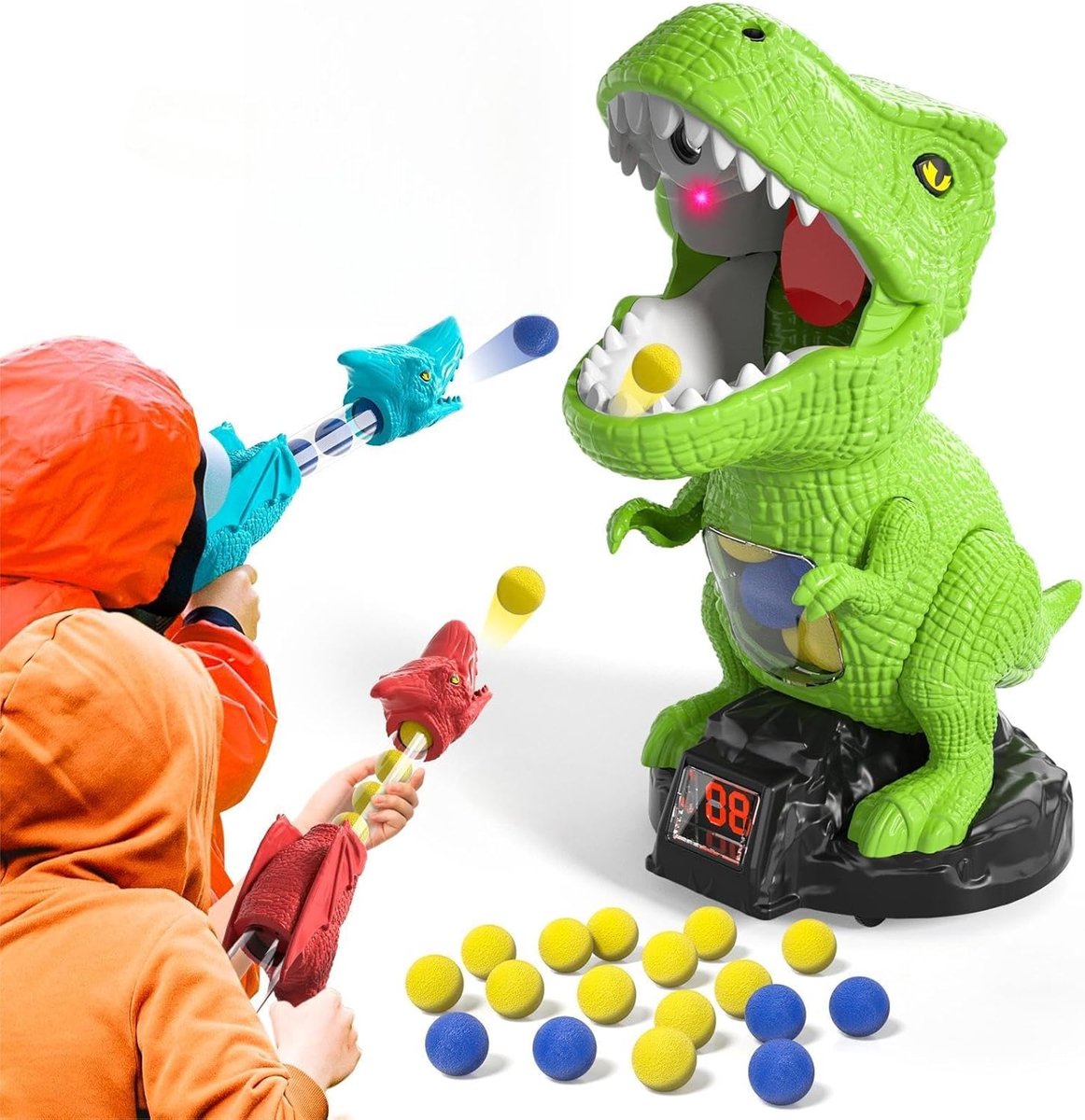 SnelShoppen - Dinosaurus schietspeelgoed voor jongens 2-7 jaar, 2 luchtpompen, launcher, beweegbaar doel, 48 schuimballen, outdoor spelletjes met LED-