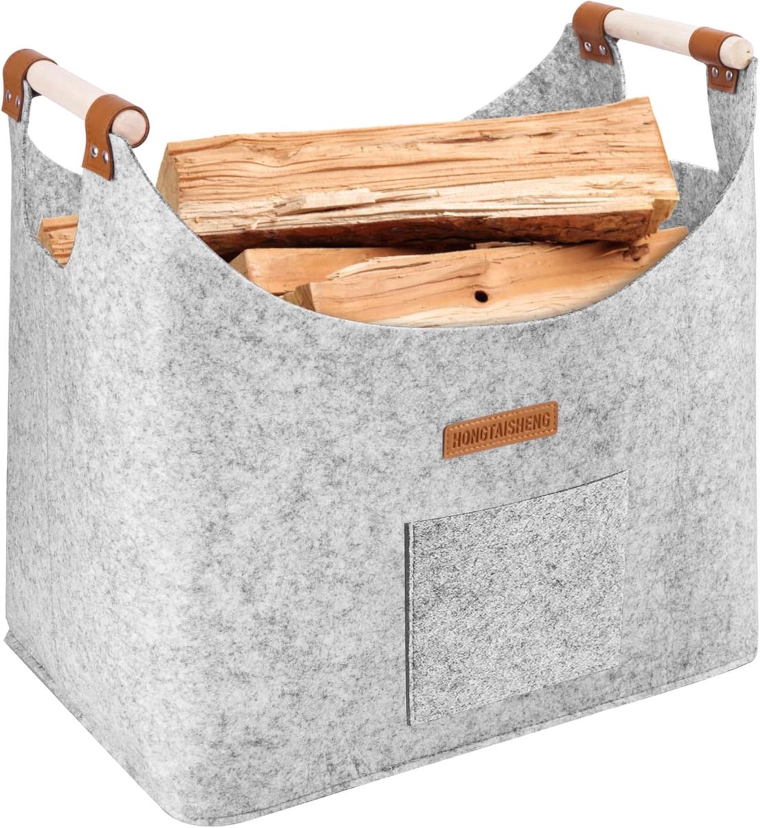 SnelShoppen - XL Opvouwbare Houten Basket voor Brandhout, Extra Dikke Vilt en Versterkte Handgreep voor Boeken, Boodschappen of Haardhout - Licht Grij