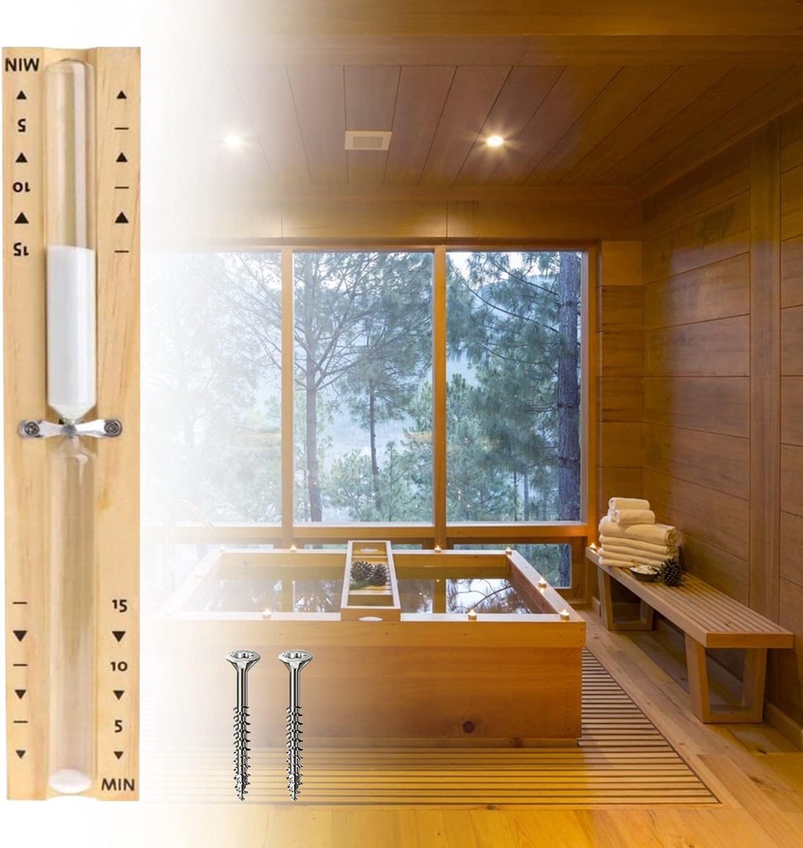 SnelShoppen - Sauna Timer, Uurglas, Keuken Timer, 15 Minuten, Hittebestendig, Houten Klok, Wit, Zand, Perfect voor Sauna, Yoga, Fitness, Koken en Meer