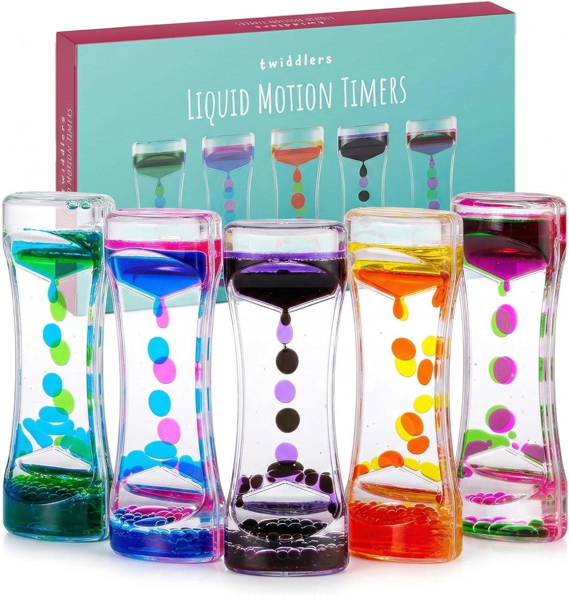 Thijox - 5 Liquid Motion Timers, Vloeibare Zandloper voor Kinderen, Sensorisch Speelgoed, Fidget Speelgoed, Kalmerend & Ontspannend, 14,5 cm, 5 Kleure