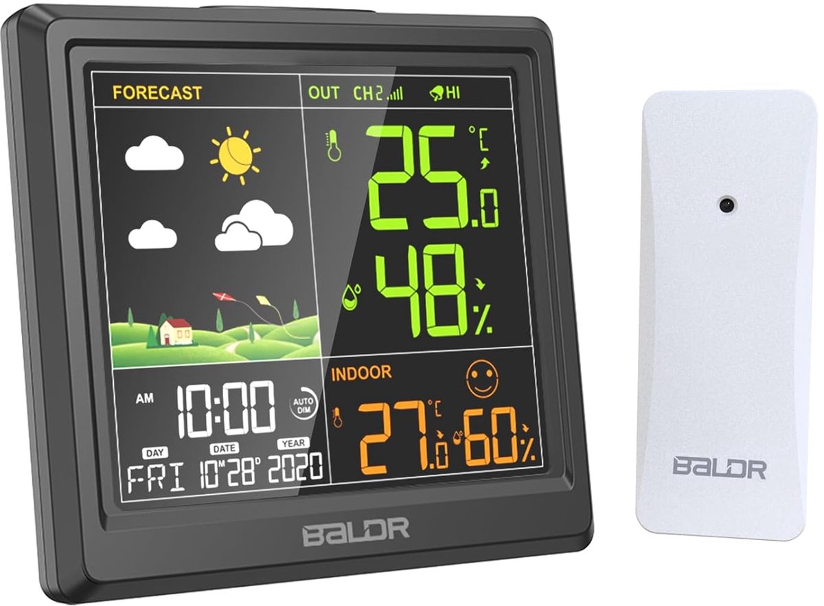 SnelShoppen - Draadloos Weerstation met Thermometer, Hygrometer, Barometer, LED-Sensor, Digitale Klok, Alarm en Snooze - Binnen en Buiten Gebruik met