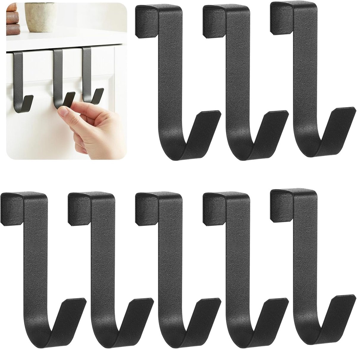 Thijox - 8 J-haken boven de kastdeur zonder boren, ruimtebesparende ophanghaken voor metalen kasten, eenvoudig te installeren, zwart, 7,5 cm, lade-org