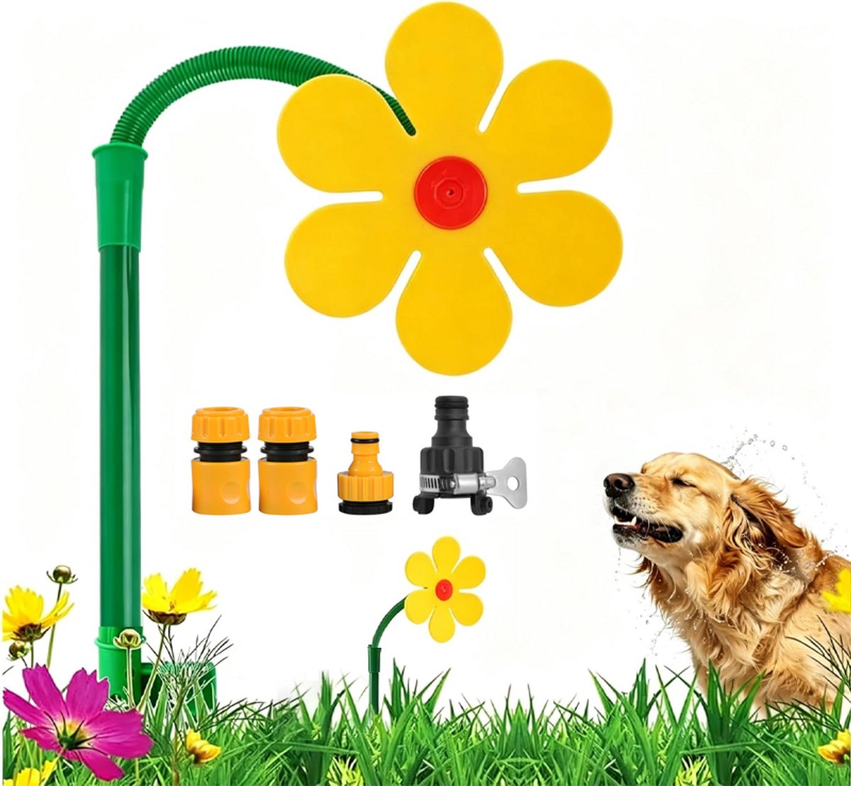 Set van 1 stuk - Sproeier - Besproeier - Tuinirrigatie - Tuinfontein - Zonnebloemsproeier - 360° draaibaar - Met 4 aansluitingen - Irrigatie, koeling en speelplezier - Geschikt voor gazon-, tuin- en terrasirrigatie - 68*33 cm - Geel