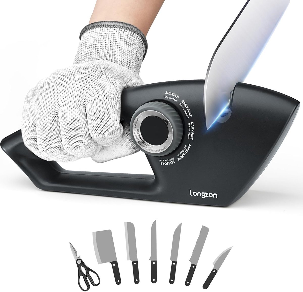 Thijox - Longzon Messenslijper 5-in-1 met Snijbestendige Handschoen - Keukenmessen, Gekartelde Messen, Scharen en Zakmessen Slijpen - Veilig en Eenvou
