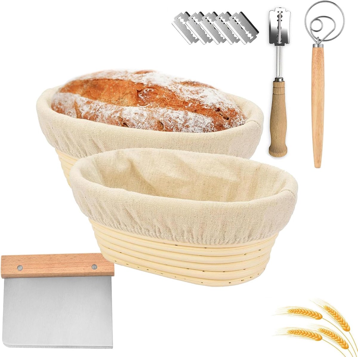 SnelShoppen - Sourdough Starter Kit met 2 Ovalen Rijstmanden 25cm - Handgemaakte Rieten Banneton voor Brood Bakken - Compleet Set voor Beginners en Ko