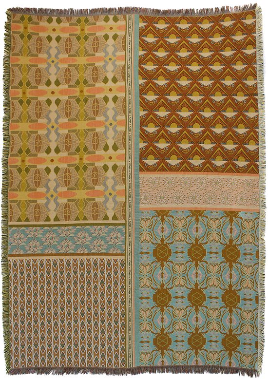 NIN-NIT - Nouveau de Soleil Blanket - plaid - geweven deken - sprei - 100% geweven katoen - Bloemen - bladeren - grafische natuurprint - zonnetjes - bruin - oranje - beige - turquoise - blauw - groen - oranje - roze - okergeel - terra - 220x160 cm