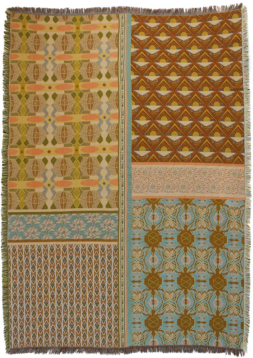 NIN-NIT - Nouveau de Soleil Blanket - plaid - geweven deken - sprei - 100% geweven katoen - Bloemen - bladeren - grafische natuurprint - zonnetjes - bruin - oranje - beige - turquoise - blauw - groen - oranje - roze - okergeel - terra - 220x160 cm