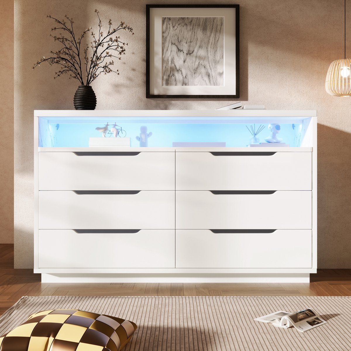 COVREO dressoir 120x40x85 cm - 6 lades, LED-verlichting, open vak in marmerlook fineer, wit