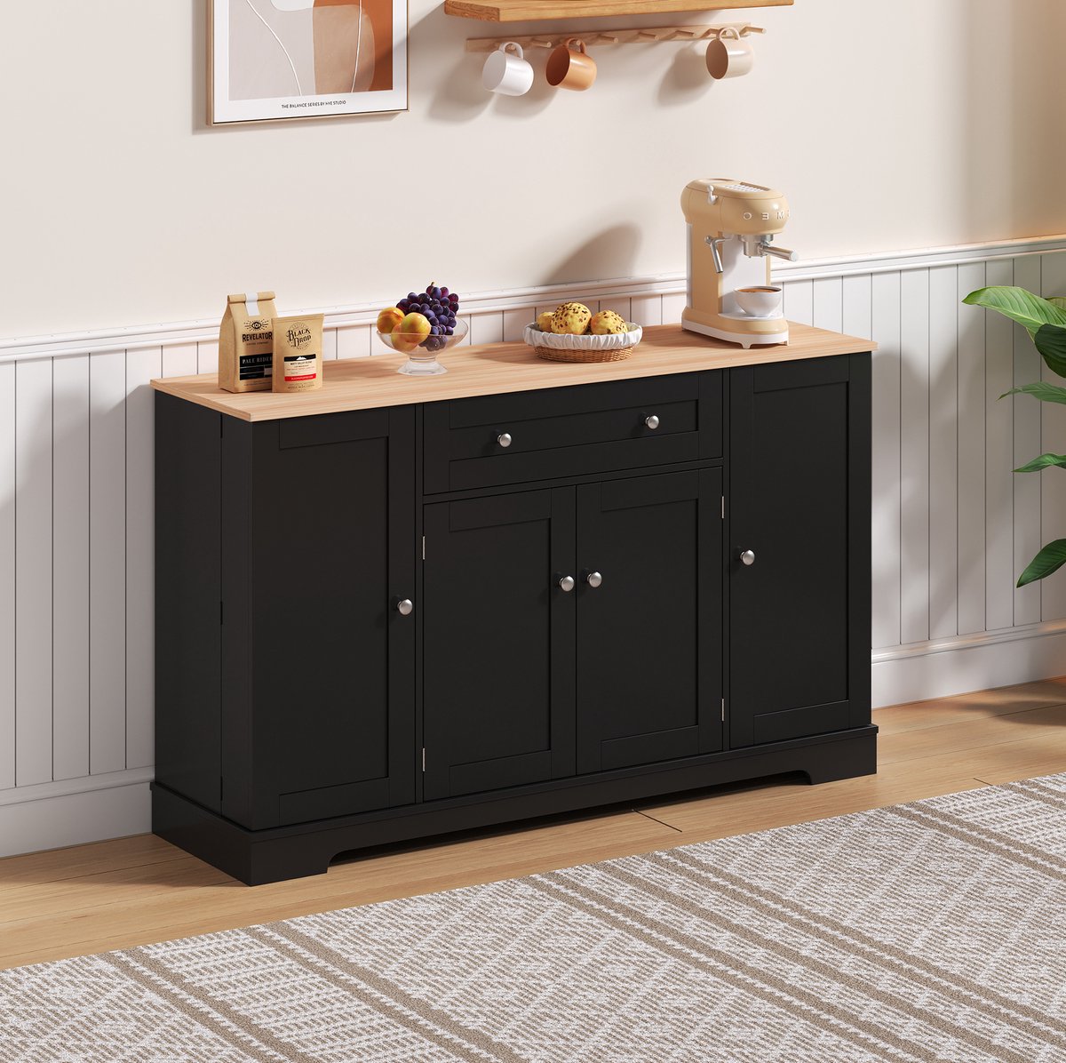COVREO Buffetkast 138 x 40 x 85 cm - zwart, met lade, verstelbare planken en anti-kantelvoorziening