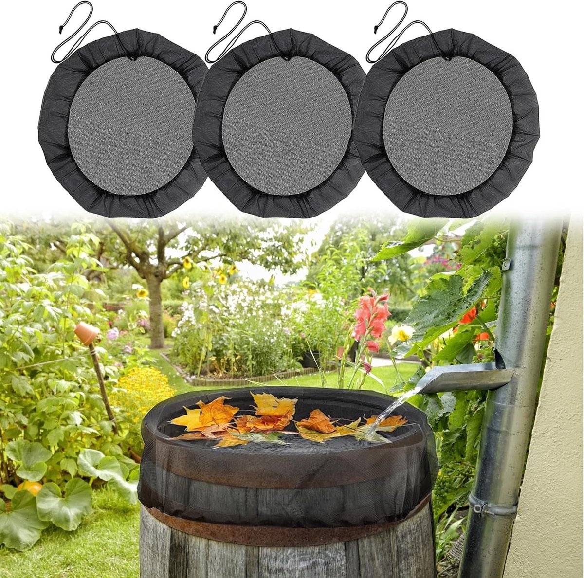 Regentonnet met elastiek - 3 stuks, 95 cm, verstelbare afdekking voor optimale muggenbescherming, bladeren en insecten bescherming