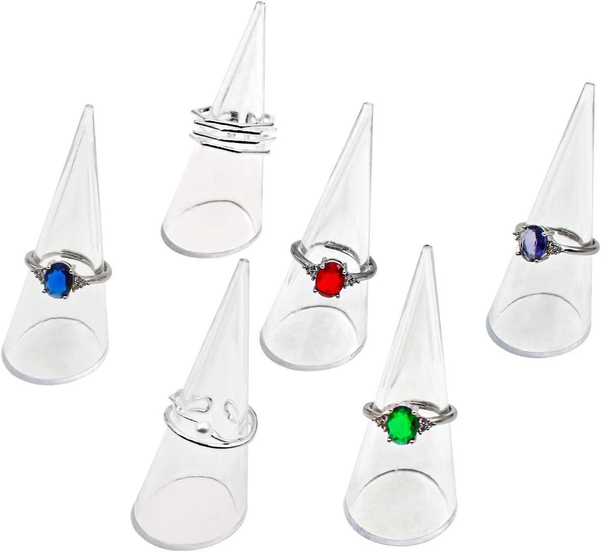 Acryl ringhouder set van 6, kegelvormige ringdisplay voor sieraden, winkelinrichting en dressoirorganisatie (transparant)