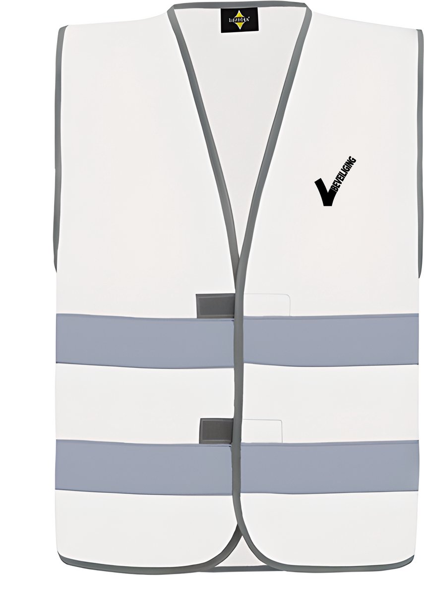 Wit veiligheidshesje met reflecterende strepen EN met Beveiliging / Security met als borstlogo het bekende V-tje en als ruglogo SECURITY - voor PROFESSIONALS, merk ROLY Maat 3XL / 4XL