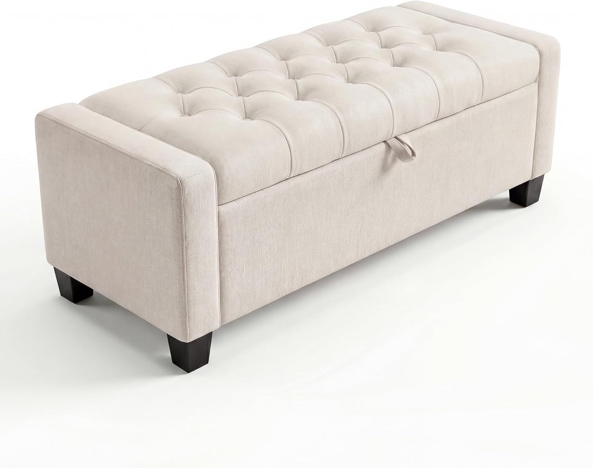 Opbergbank van 50,8 inch – met veiligheidsscharnier met langzame sluiting – gecapitonneerde bank voor de slaapkamer, hal of woonkamer – opbergbank – draagvermogen van 670 Lbs – 30 Gallons – beige