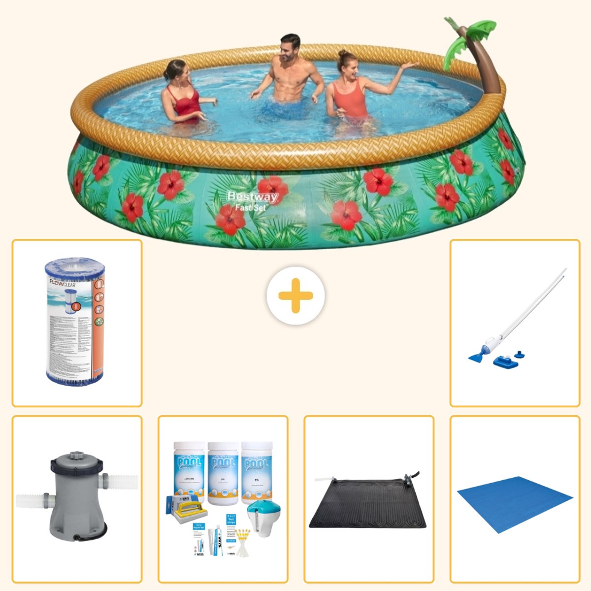 Bestway Rond Opblaasbaar Fast Set Zwembad - Paradijsprint - 457 x 84 cm - Inclusief Pomp - Onderhoudspakket - Solar Mat - Grondzeil - Filter - Stofzuiger - 7-delig
