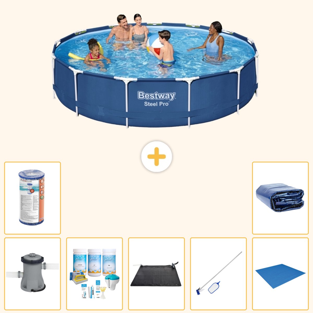 Bestway Rond Steel Pro Zwembad - 396 x 84 cm - Blauw - Inclusief Pomp - Onderhoudspakket - Solar Mat - Schoonmaakset - Grondzeil - Filter - Solarzeil - 8-delig