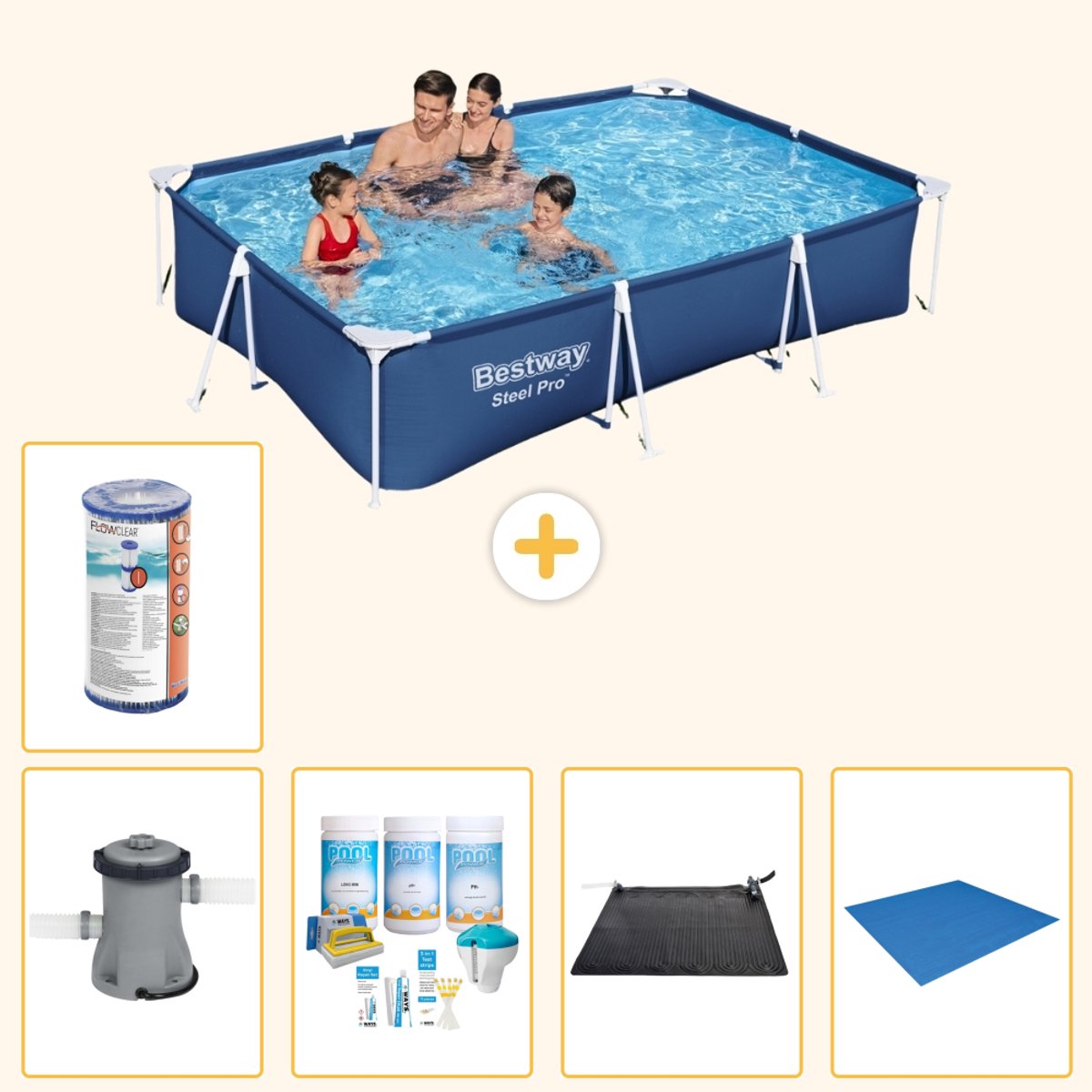 Bestway Rechthoekig Steel Pro Zwembad - 300 x 201 x 66 cm - Blauw - Inclusief Pomp - Onderhoudspakket - Solar Mat - Grondzeil - Filter - 6-delig