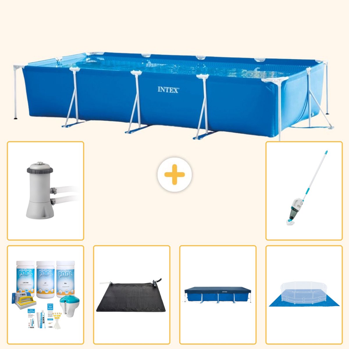 Intex Rechthoekig Frame Zwembad - 450 x 220 x 84 cm - Blauw - Inclusief Onderhoudspakket - Solar Mat - Afdekzeil - Grondzeil - Zwembadfilterpomp - Stofzuiger - 7-delig