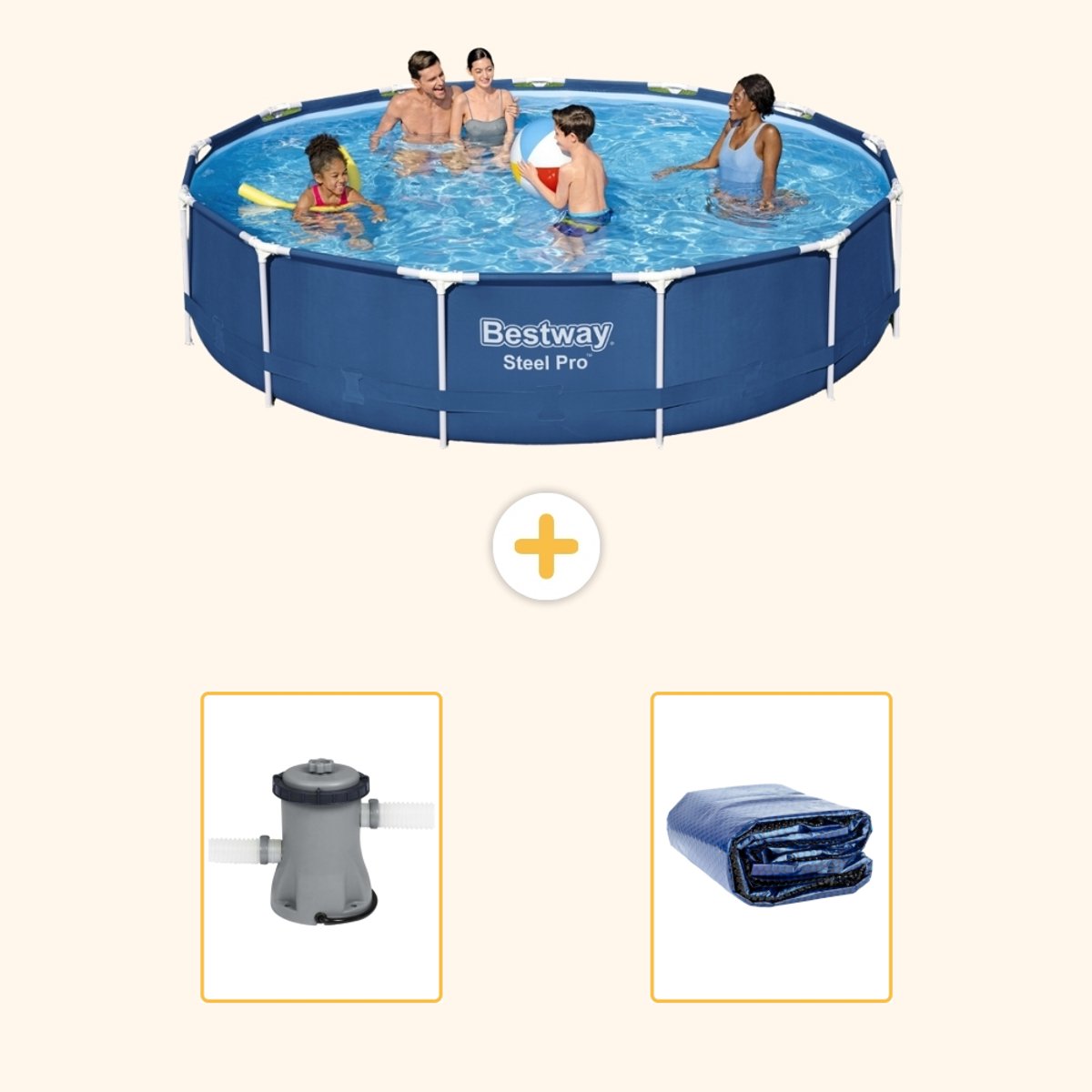 Bestway Rond Steel Pro Zwembad - 396 x 84 cm - Blauw - Inclusief Pomp - Solarzeil - 3-delig