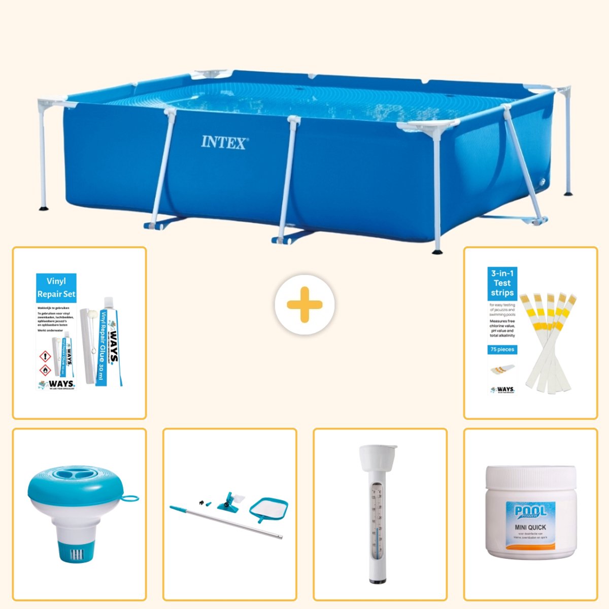 Intex Rechthoekig Frame Zwembad - 220 x 150 x 60 cm - Blauw - Inclusief Chloordrijver - Schoonmaakset - Thermometer - Chloor - Reparatiesetje - Testrips - 7-delig