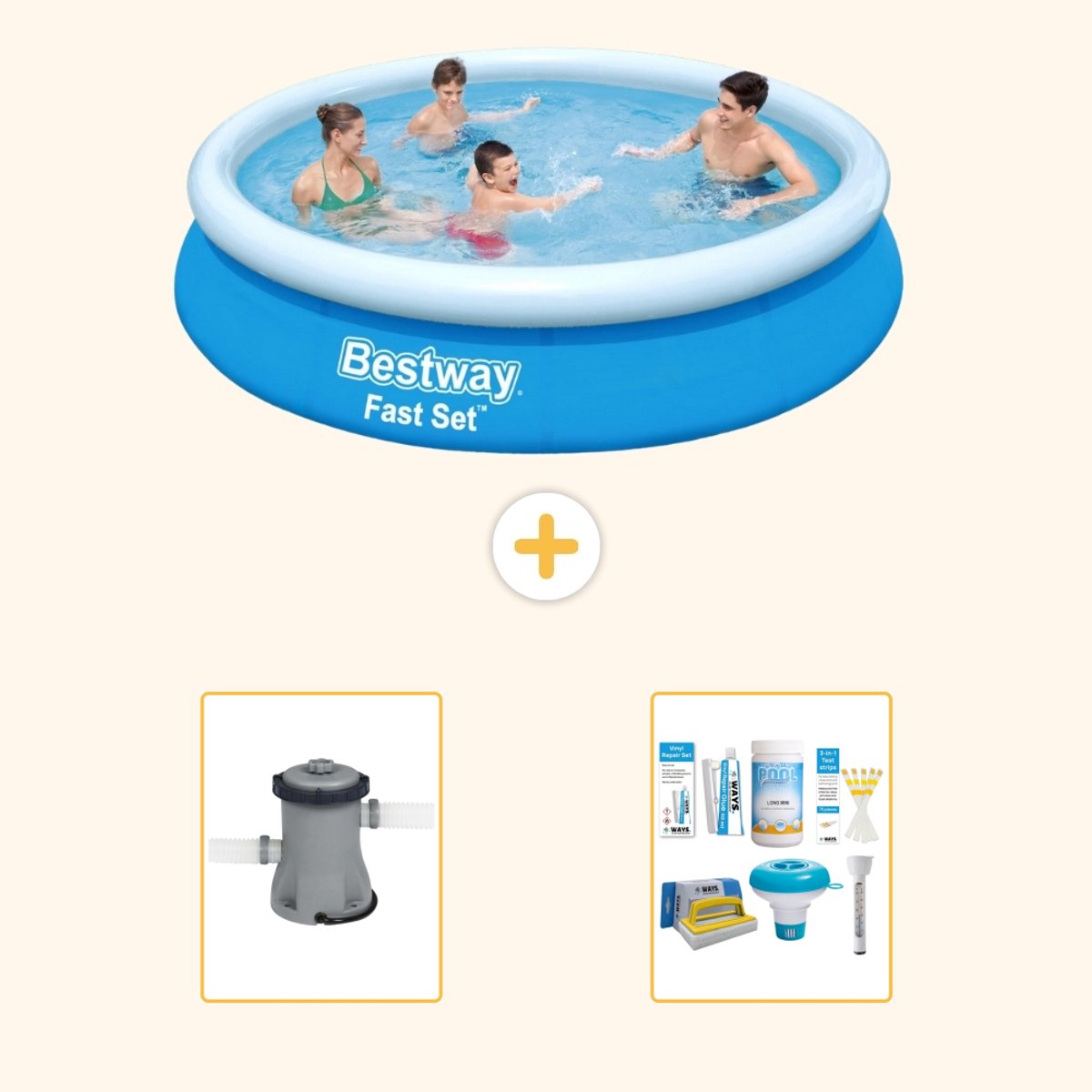 Bestway Rond Opblaasbaar Fast Set Zwembad - 366 x 76 cm - Blauw - Inclusief Pomp - Onderhoudspakket - 3-delig