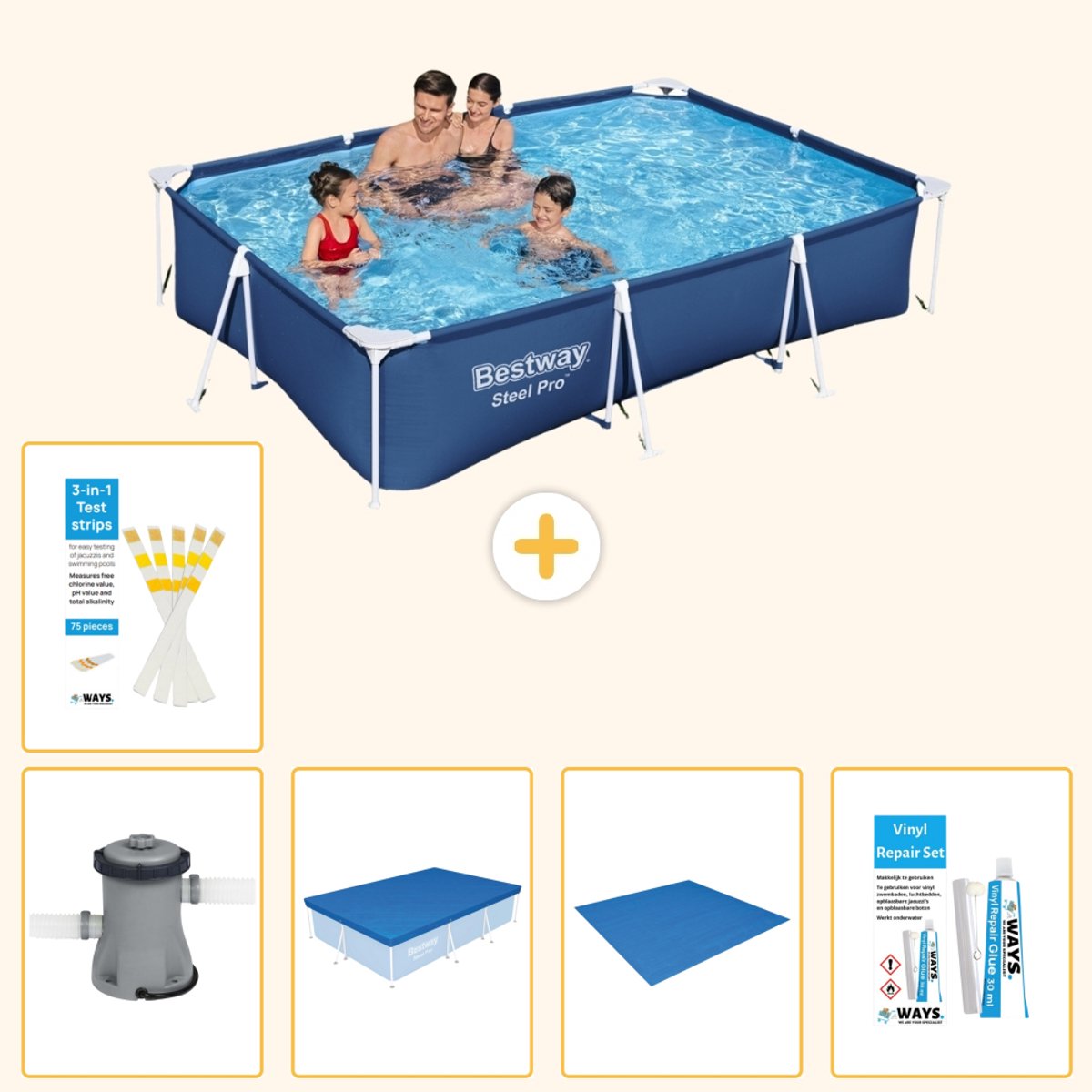Bestway Rechthoekig Steel Pro Zwembad - 300 x 201 x 66 cm - Blauw - Inclusief Pomp - Afdekzeil - Grondzeil - Reparatiesetje - Testrips - 6-delig