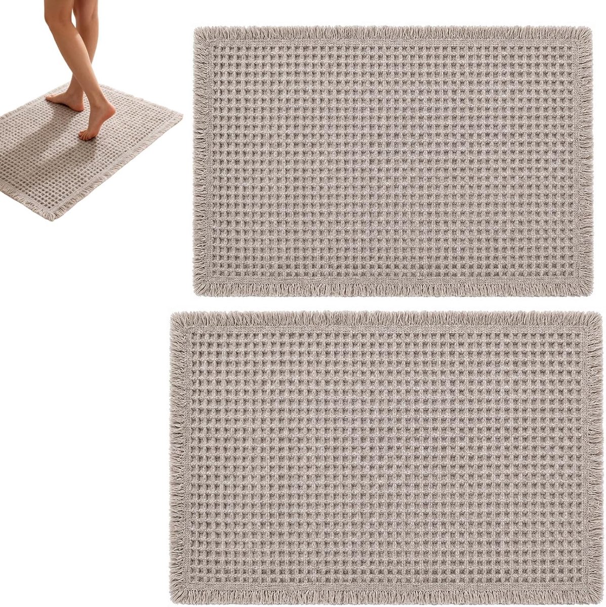 2-delige wasbare badkamermatset met antislip onderkant, zachte en absorberende boho-badmat voor badkamer, woonkamer en keuken, 46 x 77 cm + 43 x 61 cm (lichtgrijs) - ideaal voor comfort en stijl