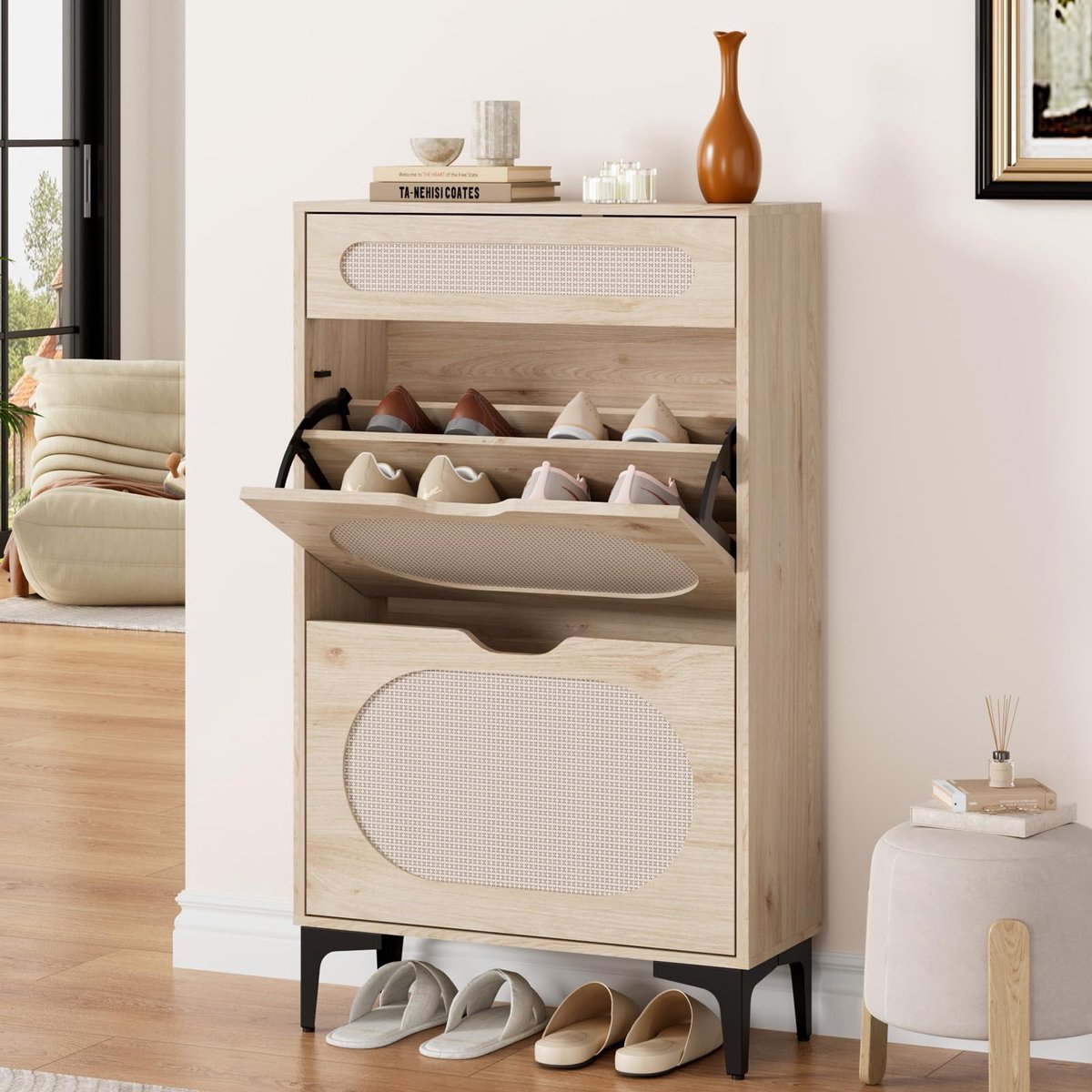 Schoenenkast met 2 Kleppen en 1 Lade - 60x24x102cm - Schoenenrek Rattan Front - Schoenenmeubel - Verstelbare Planken - Voor Hal En Woonkamer - Houtkleur