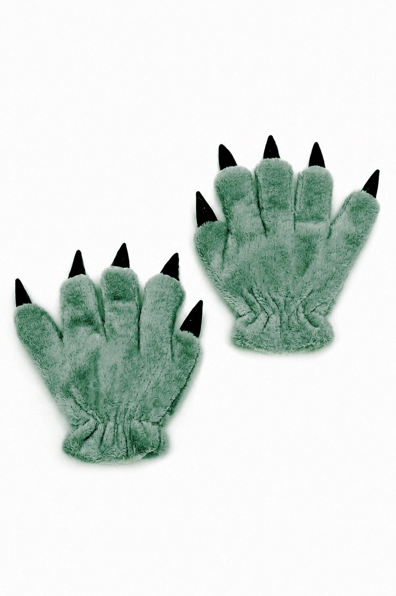 KIMU® Klauwen Handschoenen Donkergroen - Pluche Handschoen Nagels Dier - Monster Kat Beer Cosplay Furry Paws Dierenpoot Dames Heren Halloween Festival