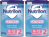 Deux boîtes de Nutrilon Satisfa+ 2, lait de suite pour 6-12 mois, avec logo et texte.