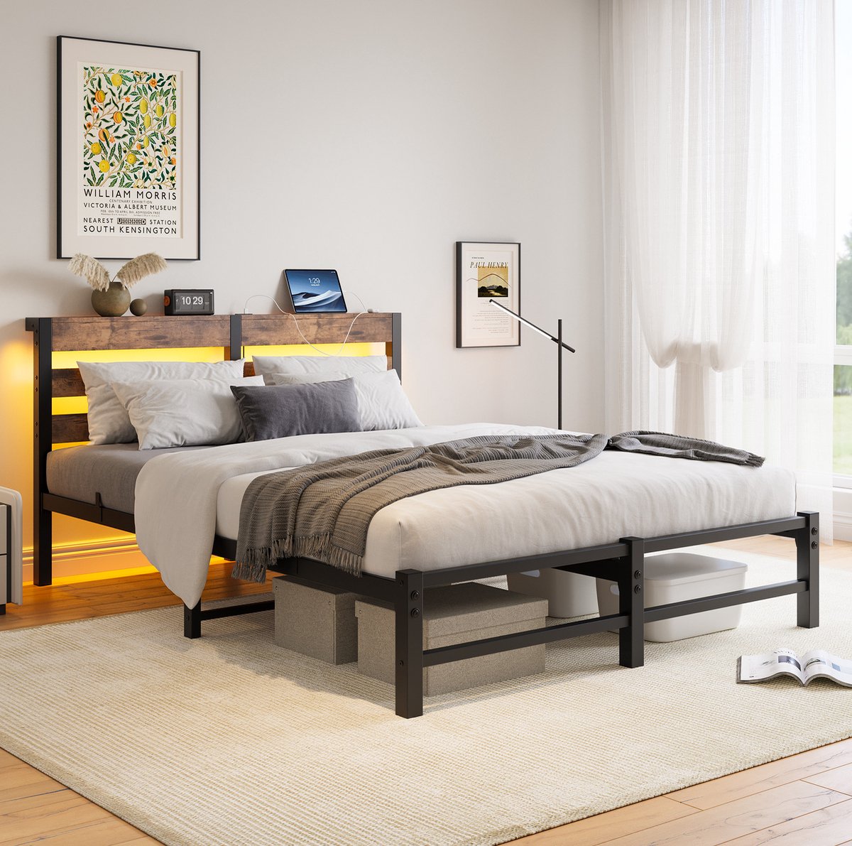 OKWISH Bed 140x200 cm - Met Ledverlichting en 2 USB Aansluitingen - Met Opbergruimte Onder Bed - Voor Volwassenen - Metaal en Hout - Zwart Bruin - Zonder Matras