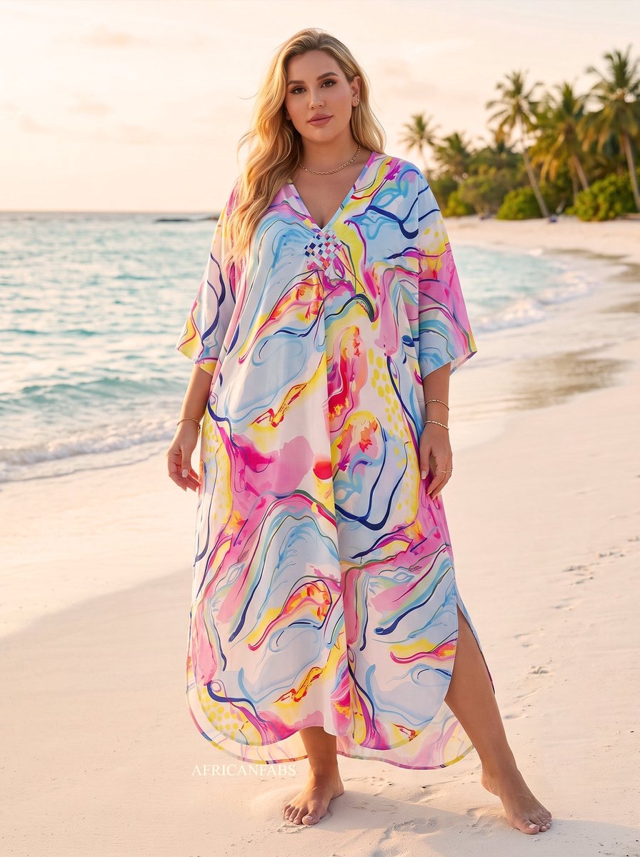 Boho rayon kaftan jurk - Roze Lichtblauw Cotton Sky - Strand Cover Up Caftan Maxi Jurk