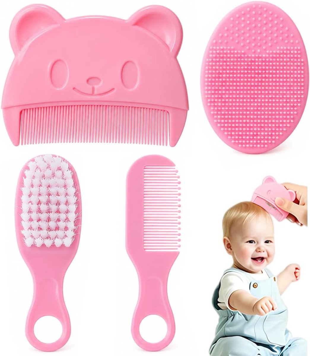 SnelShoppen - 4-delige set kam en borstel voor baby's, zachte siliconen borstel voor melkschors, hoofdhuidverzorging, kinderverzorgingsset, ideaal voo