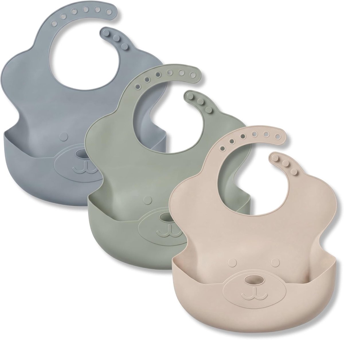 Thijox - Siliconen Slabbetjes met Opvangbak - Set van 3 Schortslabs voor Baby's - Opvouwbare Slitsluiting tegen Vlekken - Beige/Groen/Blauw - Ideaal v