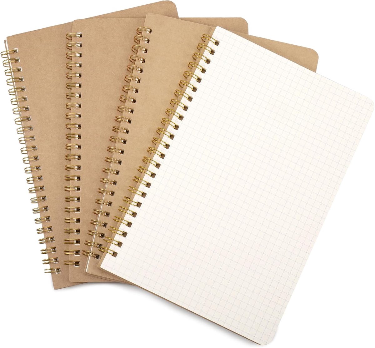 SnelShoppen - A5 Notitieboek Spiral - 4 Stuks Geruit Notitieblok - 50 Vel Kraft Kaft, Ideaal voor Dagboek, Notities, Plannen, Tekenen