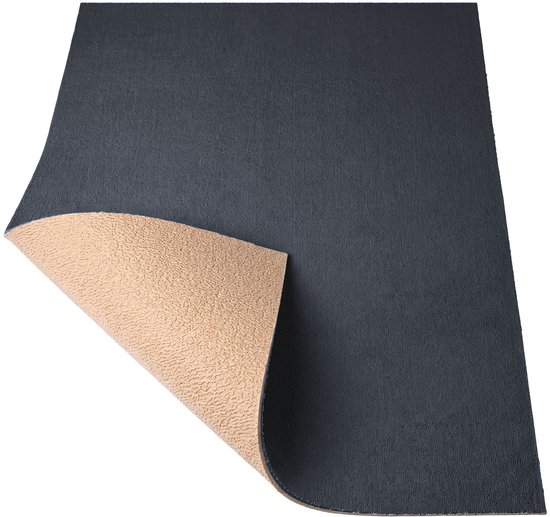 Antracietkleurige badmat met een beige, geribbelde onderkant.