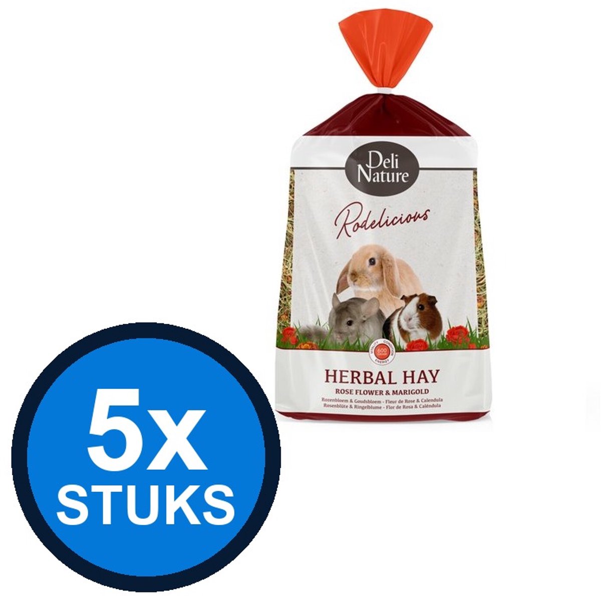5x Deli Nature - Rodelicious kruidenhooi rozenbloem&goudsbloem 600gr - Knaagdierenvoer - 600 g