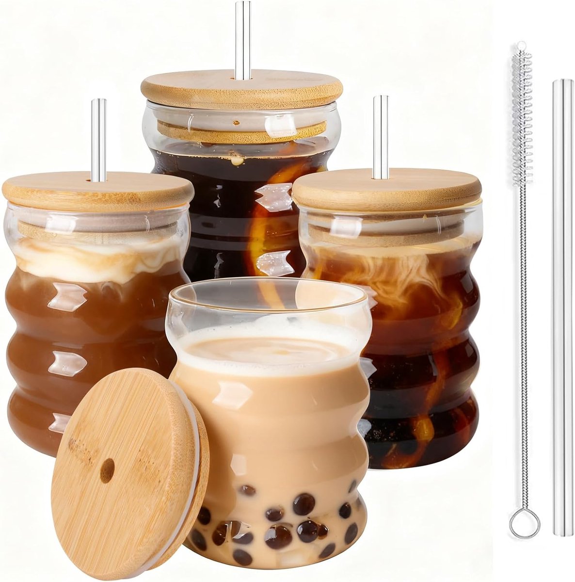 Thijox - 4-pack vintage drinkglazen 320ml voor cocktails, ijskoffie, whisky en sap met houten deksels en rietjes, perfect voor feesten en dagelijks ge