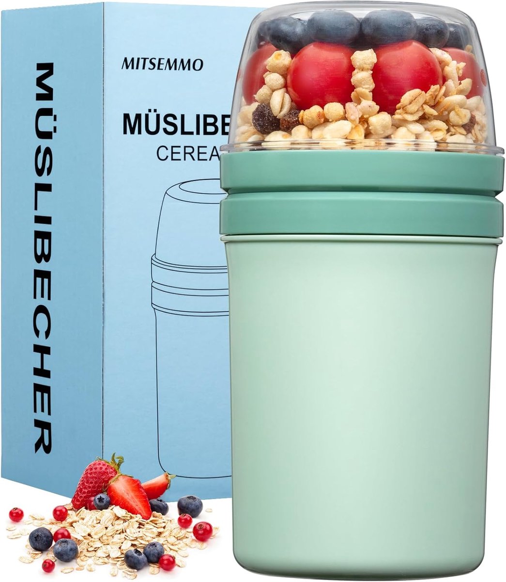 SnelShoppen - Herbruikbare Mueslibeker To Go - Dubbellaagse Lekvrije Yoghurtbeker met Lepel - Ideaal voor Ontbijt, Overnight Havermout, Granen en Yogh