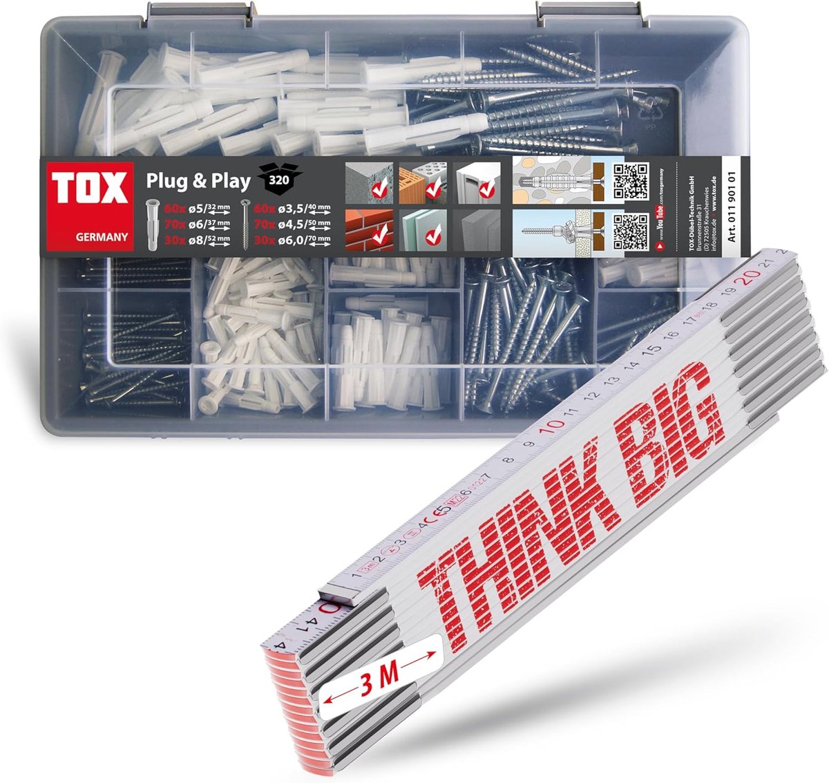 Thijox - TOX Assortimentskoffer Plug & Play 320-delig + THINK BIG Duimstok 3m - Set Schroeven, Universele Plugs TRIKA 5/31, 6/36, 8/51 - Geschikt voor