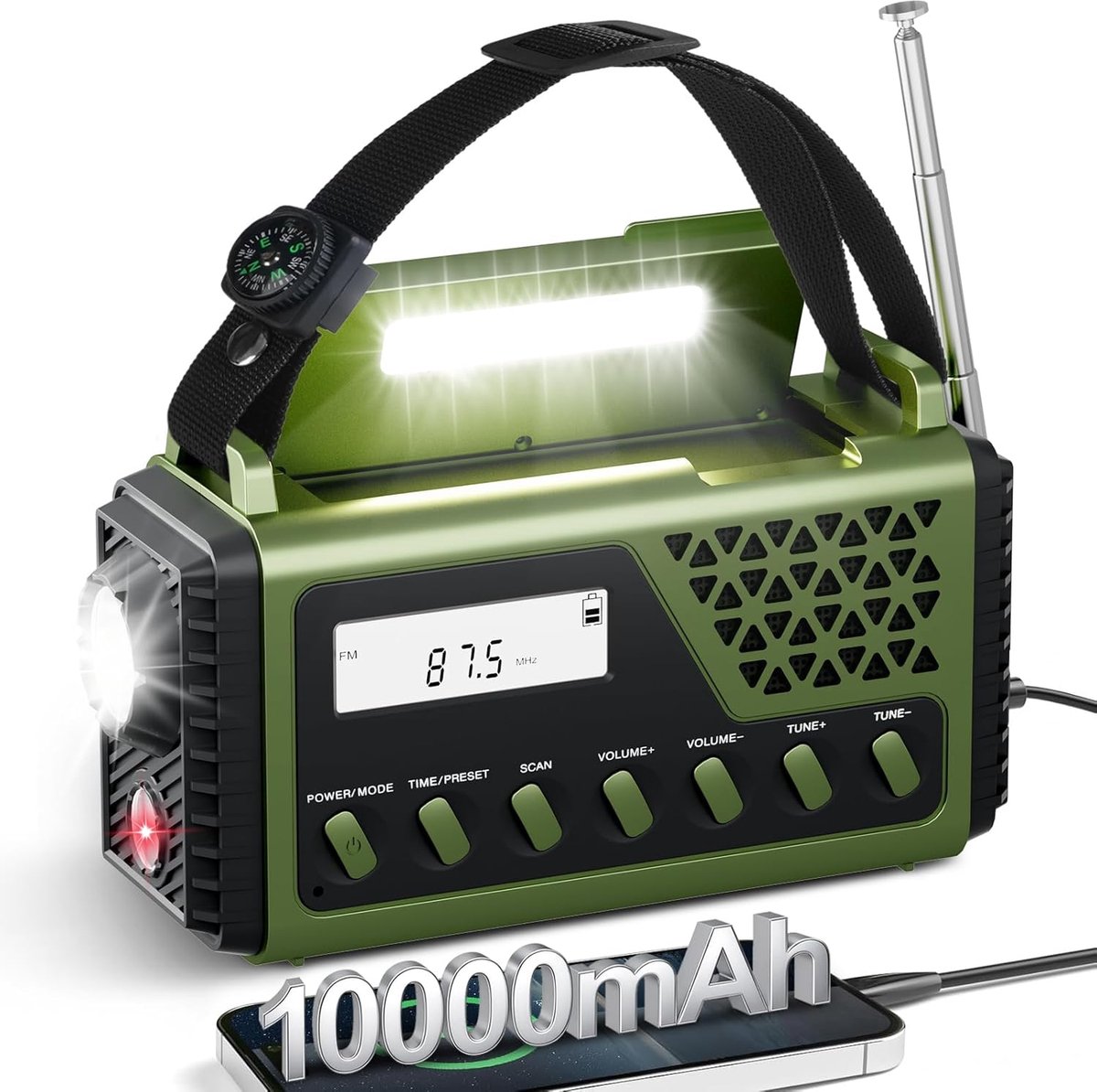 Thijox - Draagbare Retro Radio Groen met FM/AM/SW, 10000mAh Powerbank Functie, Solar Opladen, Handvat, USB-Poort, SOS Alarm, Kompas en LED Zaklamp voo