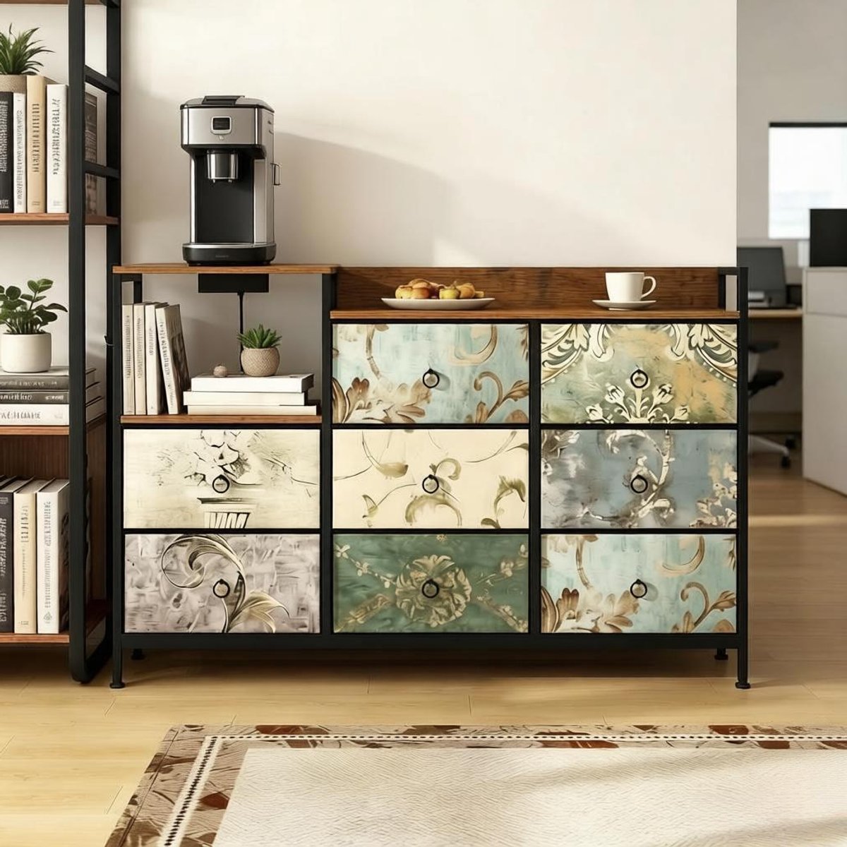 OKWISH Dressoir - Vintage Ladekast Met 8 Stoffen Laden En Open Vak - Met USB-C En 2 Stopcontacten - Metaal Hout Multicolor - 132 x 29 x 88 cm