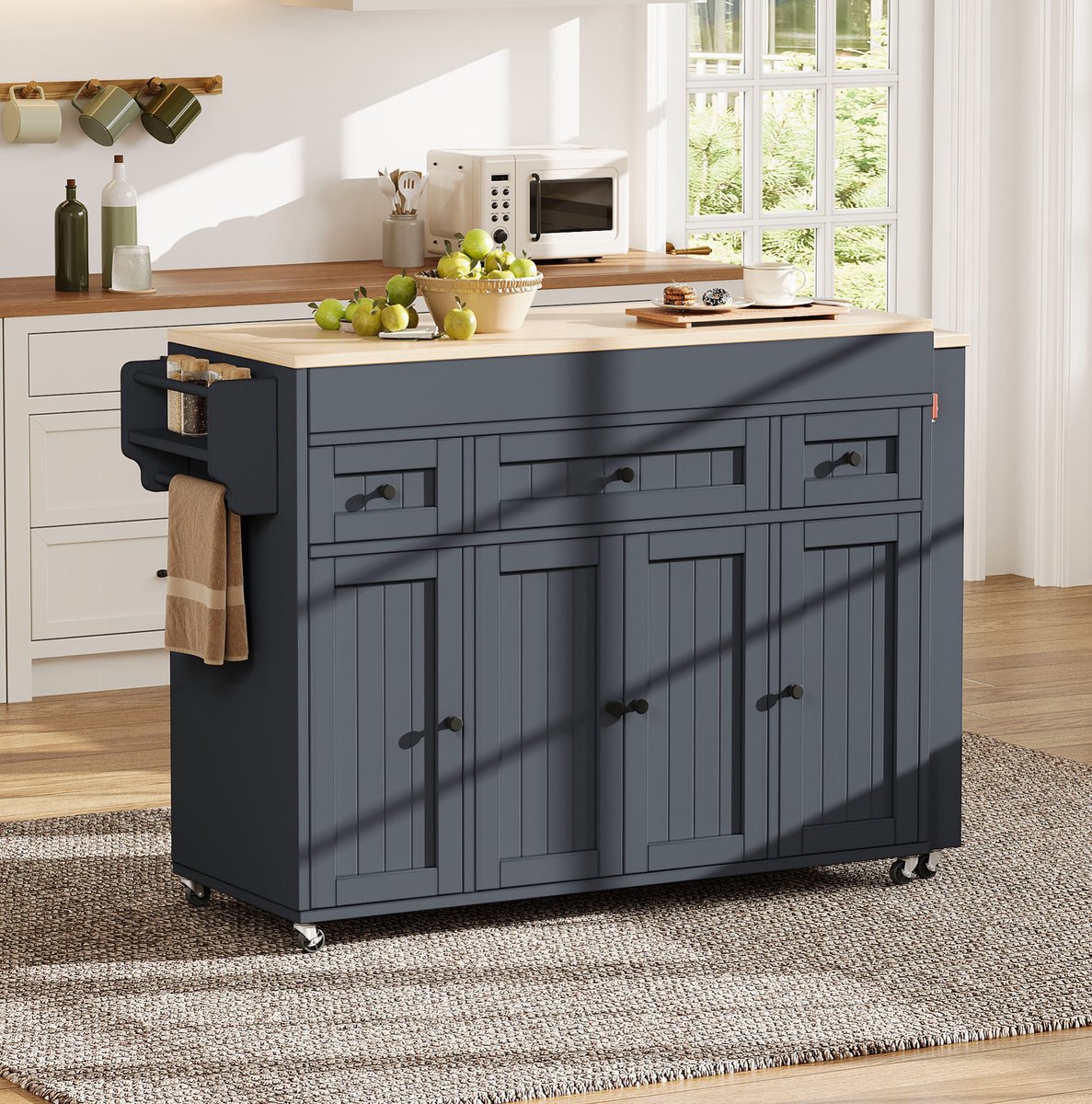 OKWISH Keukenkast – Mobiele Keukenisland Met Uitschuifbaar Werkblad – 137–190,6 x 45,2 x 92 cm – 3 Lades En Kruidrek – MDF Grijs