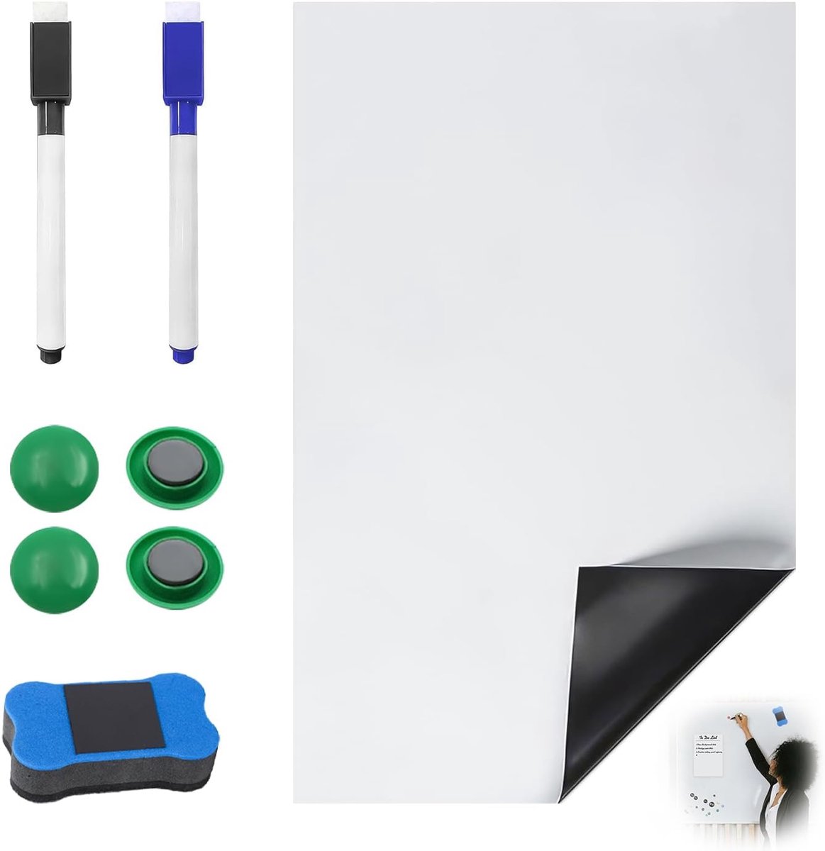 Thijox - Magneetbord Koelkast A4 - Magnetisch Whiteboard Voor Koelkast - Flexibele Afwisbare Magneetfolie Wit - Incl. 2 Pennen, 1 Gum, 4 Magneten - Id