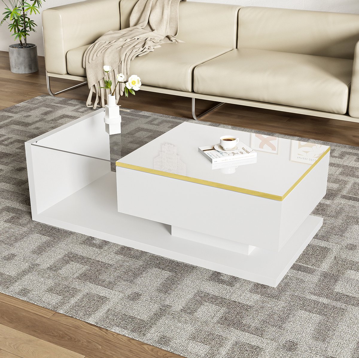 COVREO Salontafel 100 x 50 x 32,5 cm - hoogglans wit, glas, open opbergruimte, LED