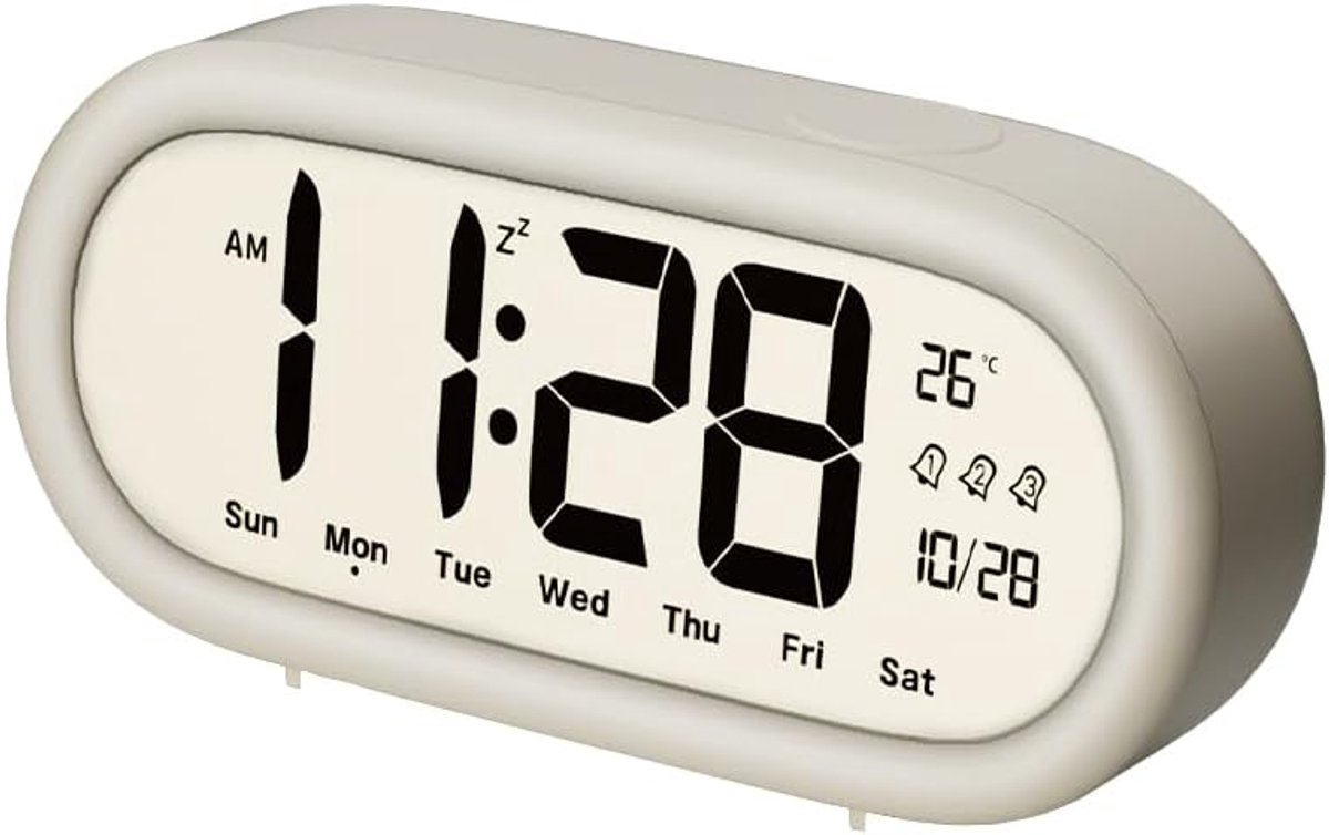 VHV - Digitale Wekker op Batterijen met Groot LCD Display - 3 Alarmen, Temperatuur en Nachtlampje - Wit