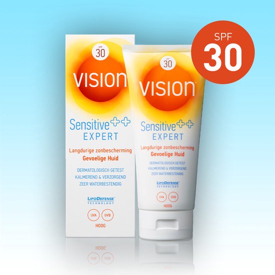 Doos en tube Vision Sensitive++ Expert zonnebrandcrème met SPF 30. Langdurige bescherming voor de gevoelige huid.