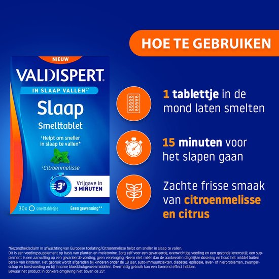 Hoe te gebruiken Valdispert Slaap Smelttablet. 1 tabletje in de mond laten smelten. 15 minuten voor het slapen. Zachte frisse smaak.