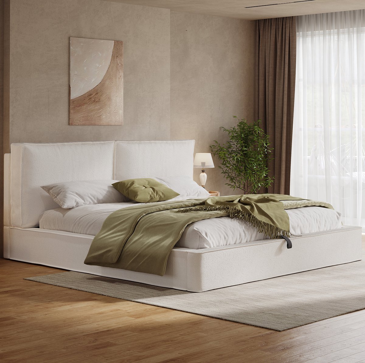 OKWISH Gestoffeerd Bed 180x200 cm - Hydraulisch Opbergbed Met Lattenbodem en Hoog Hoofdbord - Tweepersoons - Boucle Stof - Zonder Matras - Beige