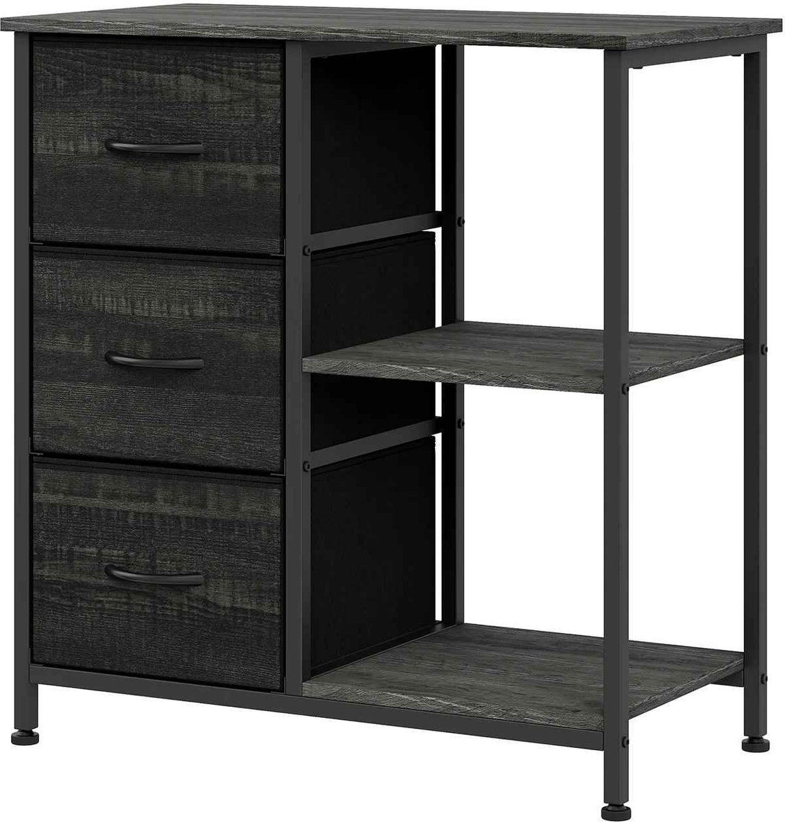 CORE Bijzettafel met 3 Stoffen Laden - Nachtkastje met Open Opbergplank - Multifunctionele Archiefkast en Opbergkast - Compact Bijzetmeubel - Industrieel Design met Stevig Metalen Frame - 70x29x75 - Houtlook/Zwart