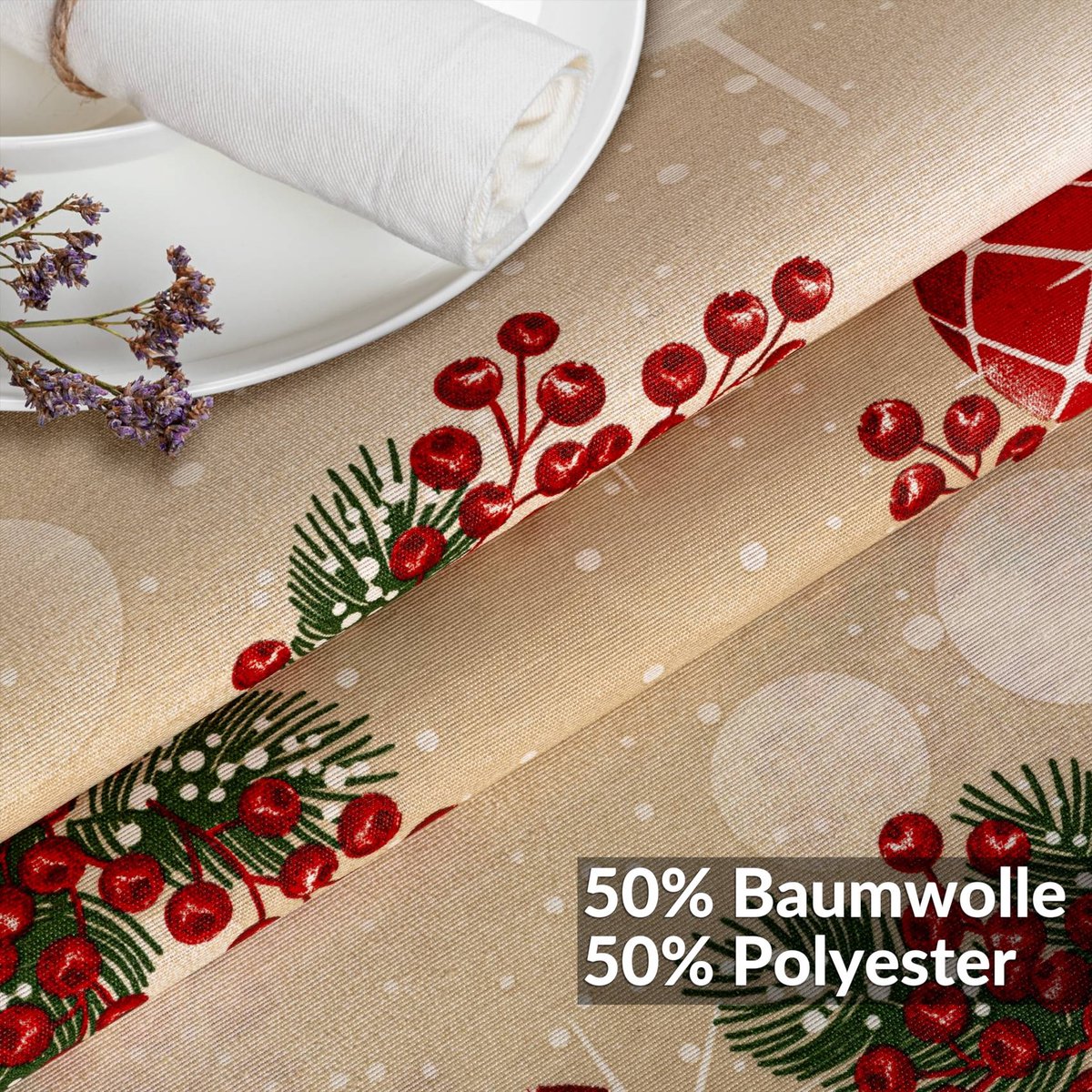 ANRO Tafelkleed Kerstballen Beige Rond Ø140cm Rechte rand Afwasbaar Waterafstotend Binnen & Buiten